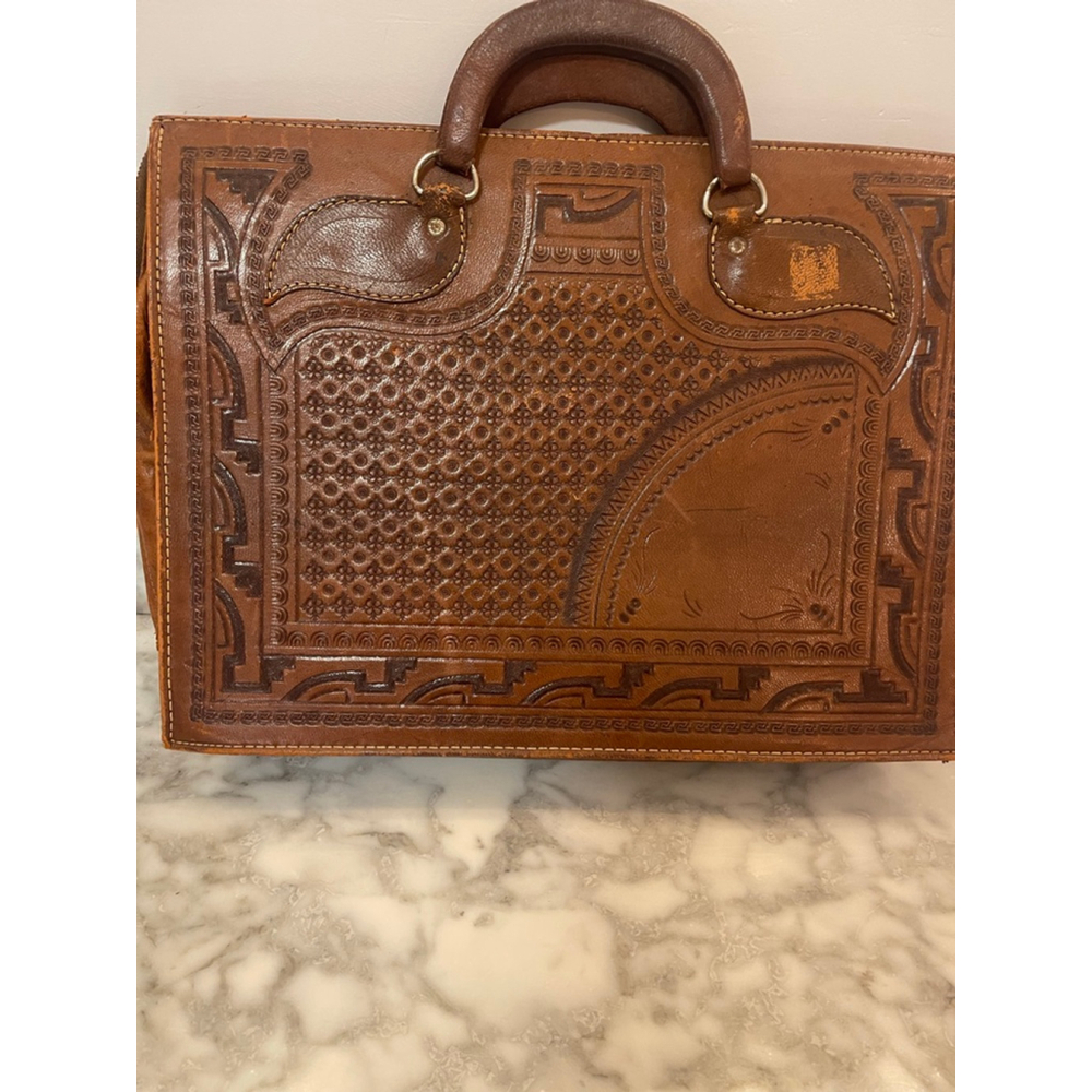 Vintage Hand Tooled Leather Briefcase Aztec Calendar Eagle Design Brown Bag - Picture 2 of 15